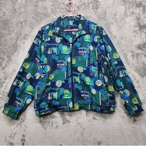 Vintage Koret Sport Jacket‎ Womens L Blue Green Geometric Full Zip Windbreaker